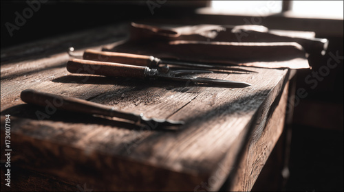 Woodworking Tools on Rustic Workbench in Workshop
