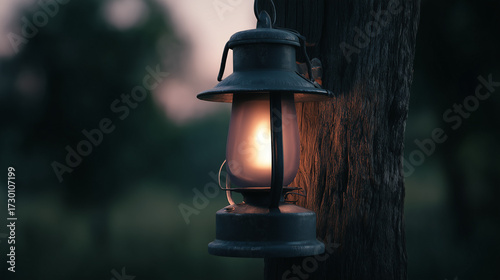 Rustic Lantern Hanging from Tree at Dusk
