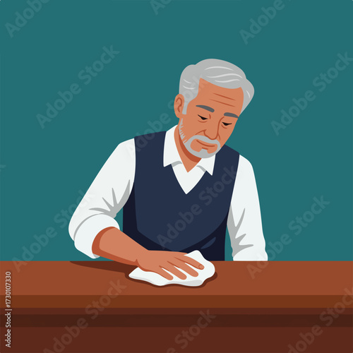 Older man cleaning dark wood table surface with white cloth