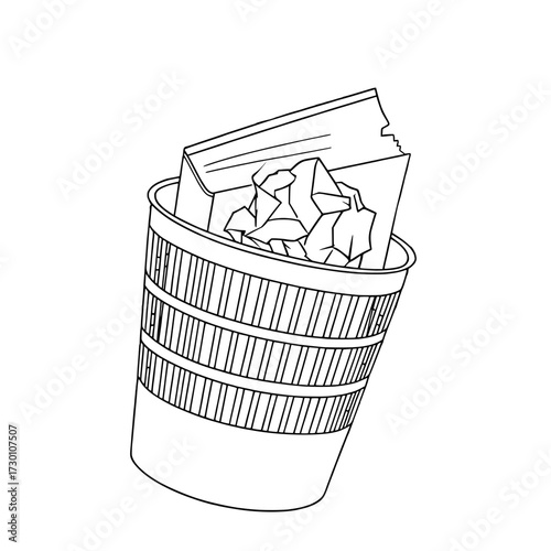 Trash bin filled with crumpled paper and waste in simple outline design and copy space