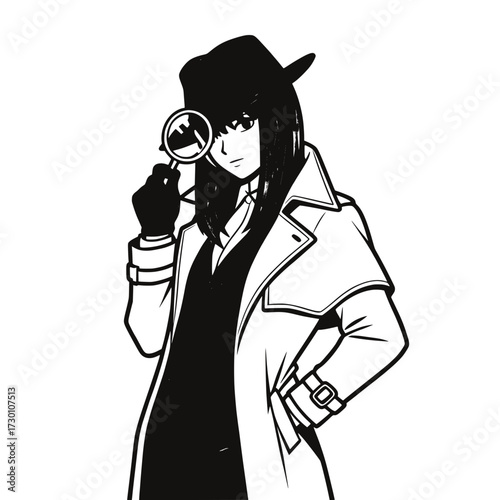 Female detective with magnifying glass in stylish outfit and copy space
