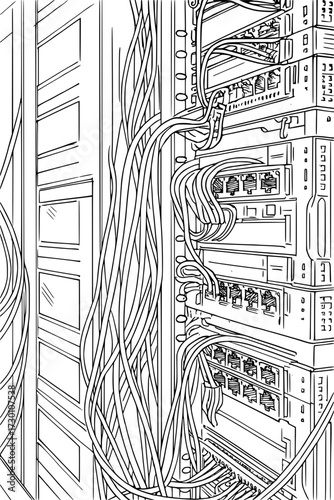 Complex network server room with tangled cables in detailed outline design and copy space