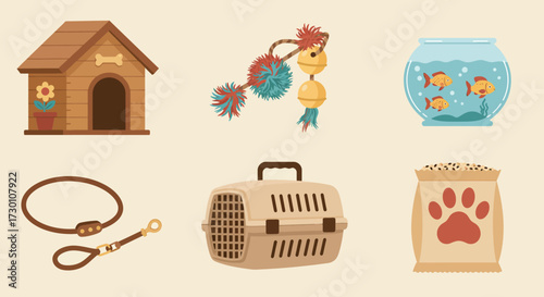 Six illustrations of pet supplies doghouse toy fishbowl collarleash carrier and food bag