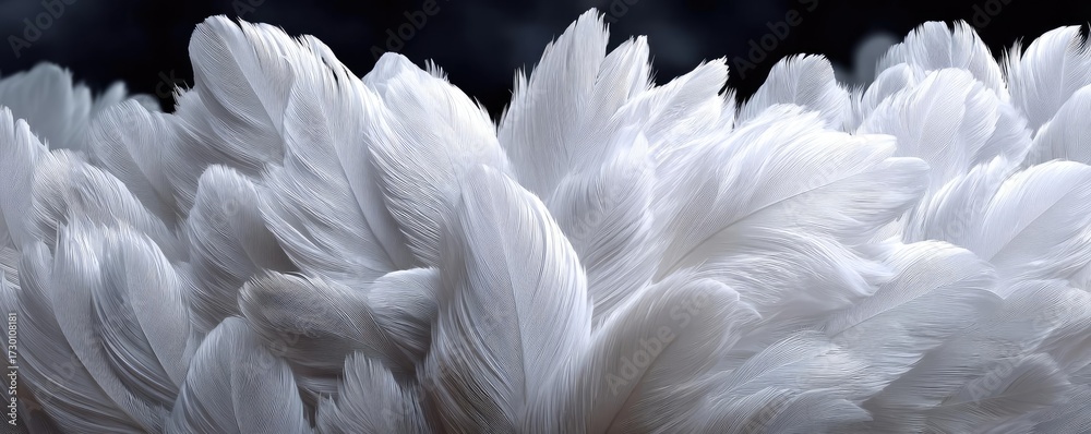 Obraz premium Closeup white feathers background for calm concept. Soft white feathers creating a gentle and serene visual texture.