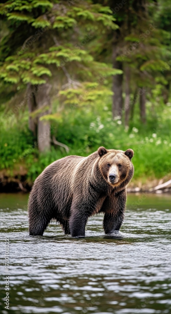 Fototapeta premium Grizzly Bear Standing Alert in an Alaskan Wilderness River With Dappled Light (1).jpg
