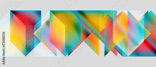 Abstract geometric shapes overlap, creating vibrant color gradients. Composition feels modern, dynamic, visually interesting.