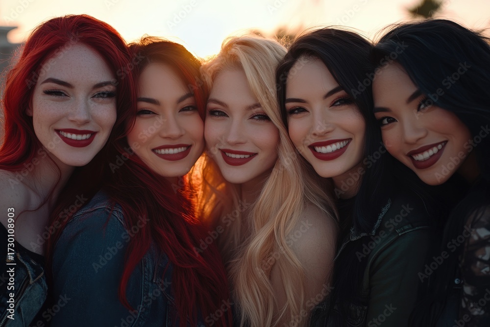 Obraz premium Four women with vibrant makeup and colorful hair, smiling warmly outdoors under warm golden light.