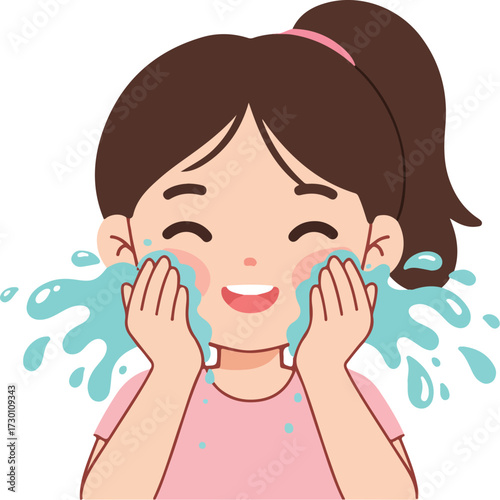 Joyful cartoon girl happily washing her face with splashing water, representing a fresh morning skincare routine and personal hygiene concept