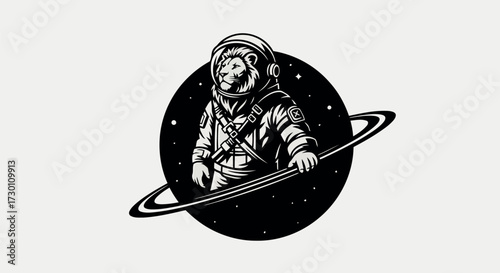Black and white illustration of a lion in an astronaut suit with a helmet and a ringed planet in the background