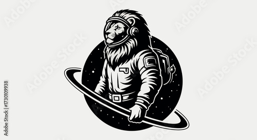 Black and white illustration of a lion wearing an astronaut helmet and suit against a backdrop of stars and a ringed planet