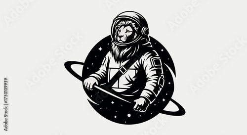 Black and white illustration of a lion wearing an astronaut helmet and suit floating in space with a ringed planet behind it