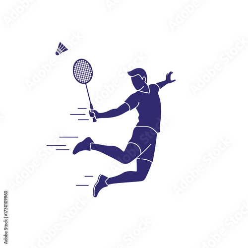 Badminton player mid-air, racket raised