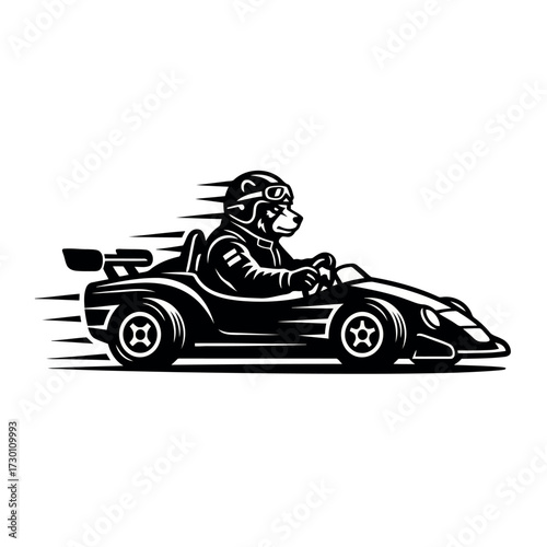 Black and White Silhouette of a Bear Racer in a Go- Kart with Speed Lines on White Background Keywords: bear, racer, go-kart, racing, car, speed, fast, motion, blur, lines, helmet, goggles
