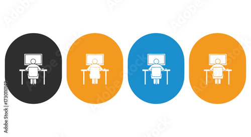 Four Colorful Circles Each Displaying a Silhouette of a Person Sitting at a Desk in Front of a Computer Screen