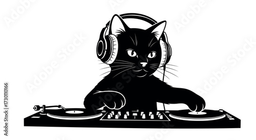 Black Cat DJ Wearing Headphones Mixing Music on Turntables on White Background vector illustration