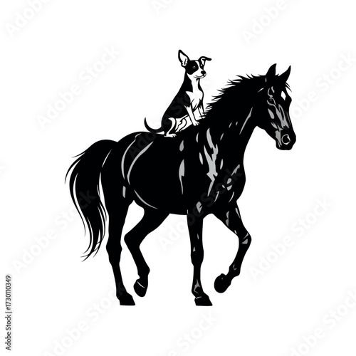 Black Horse Silhouette with Small Dog Riding on Back on Transparent Background animal