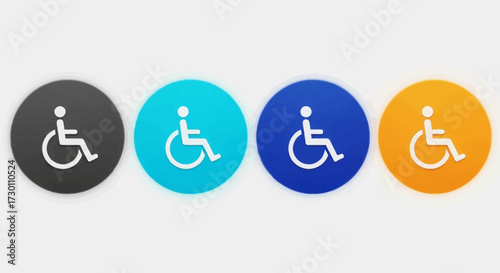 Set of four circular icons representing the universal symbol for accessibility and wheelchair users in various vibrant colors including grey teal blue and orange on a clean white background
