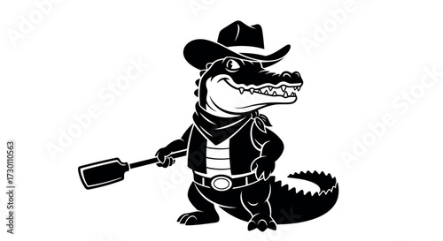 Cartoon Cowboy Alligator Wearing Hat and Bandana Holding a Spatula on White Background character animal