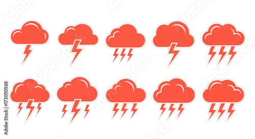 Set of Orange Storm Clouds with Lightning Bolts and Rain Droplets Iconography Representing Various Weather Conditions