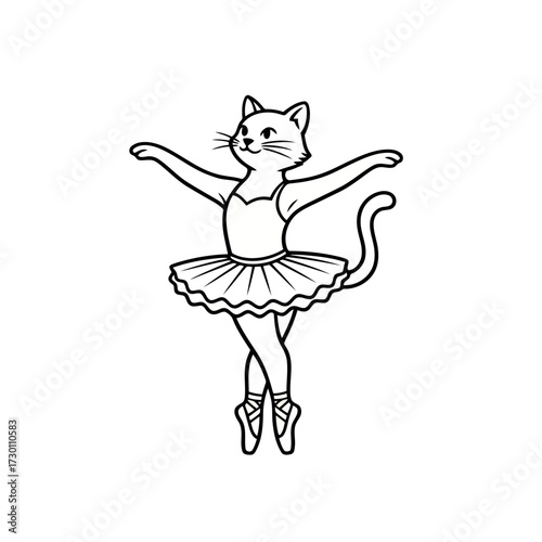 Cartoon Cat Ballerina in Tutu and Pointe Shoes Dancing on White Background Keywords: cat, ballerina, dancing, ballet, tutu, pointe shoes, paws, graceful, elegant, feline, animal, cartoon