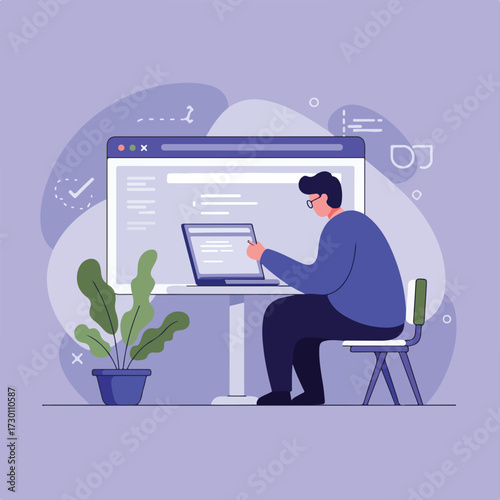 Person works on a laptop in front of a computer, plant nearby