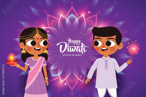 Festive Kids in Indian Traditional Dress in Happy Diwali Luminous Flower Rangoli