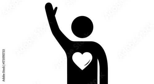 A Stylized Silhouette of a Person with a Heart Symbol on Their Chest and One Arm Raised High in a Gesture of Greeting or Offering Help