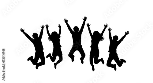 A Group of Five Silhouetted People Joyfully Jumping Upwards with Their Arms Raised High in Celebration and Exhilaration