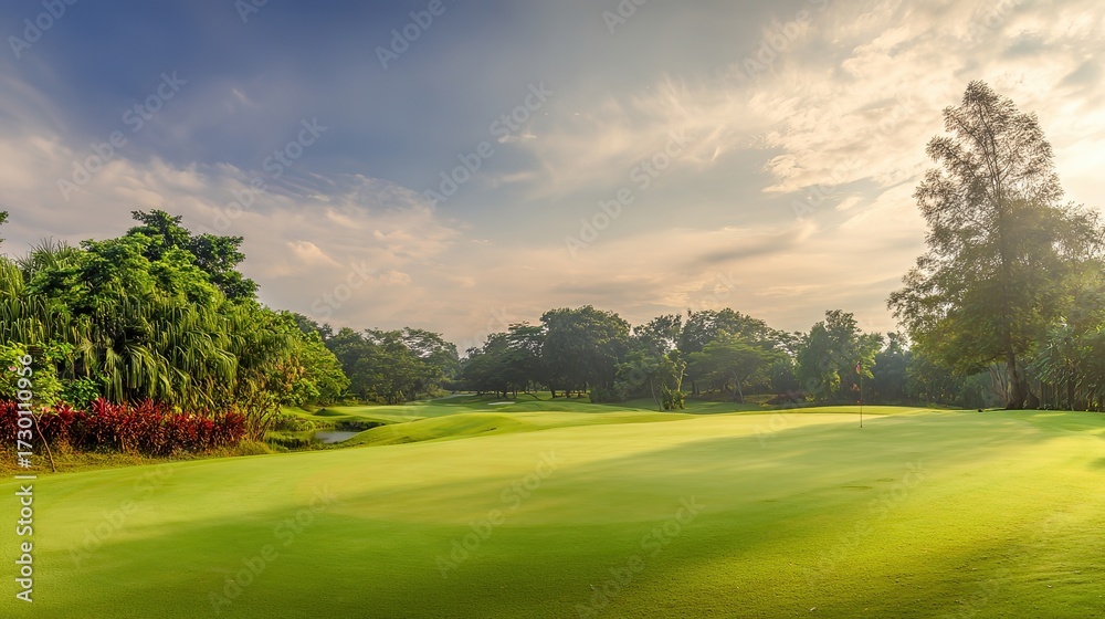 Obraz premium fairway. Vast green golf course under bright sunlight, capturing the tranquility of open landscapes. travel magazines, destination branding, designed for outdoor magazines and nature guides.