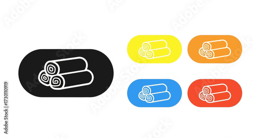 Illustration of rolled towels in black yellow orange blue and red oval buttons isolated on white background