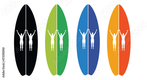 A Vibrant Collection of Four Abstract Surfboards Each Featuring Silhouettes of Two People Raising Their Hands Together in Celebration Representing Unity and Achievement