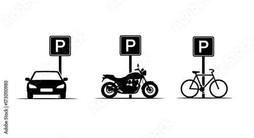 Parking signs for automobiles motorcycles and bicycles indicating designated parking areas for different types of vehicles
