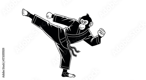 Monkey Performing a High Kick in a Karate Uniform on a White Background martial arts fighter