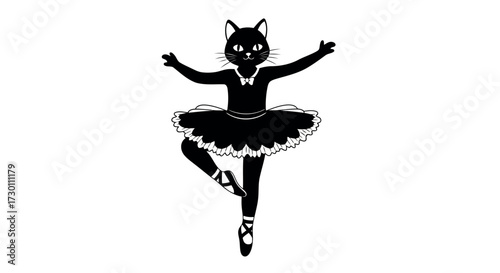 Silhouette of a black cat dressed as a ballerina in a tutu on a white background ballet dancer