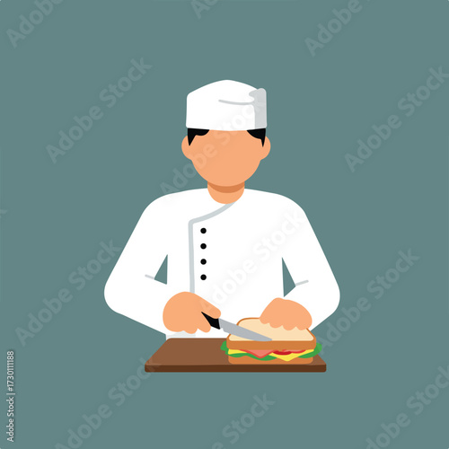 Chef cuts sandwich on cutting board
