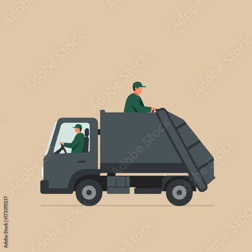 Two refuse collectors in a grey garbage truck on beige background