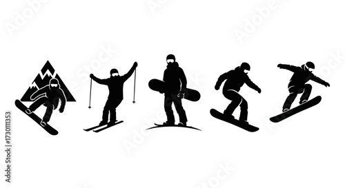 Winter Sports Snowboarding and Skiing Silhouette Collection Featuring Mountain Scenery and Dynamic Poses