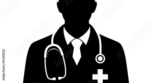 A Silhouette of a Doctor Wearing a Stethoscope and a Lab Coat with a Cross Symbol Representing Healthcare Services
