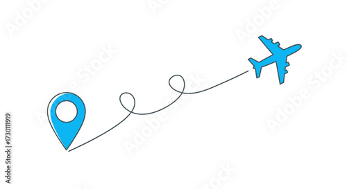 Illustration of an airplane flying a dotted line path from a location pin to its destination in the sky
