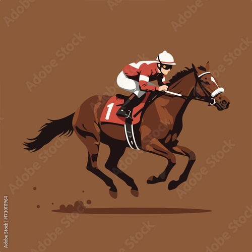 Horse race Jockey in red riding brown horse. Isolated on brown background