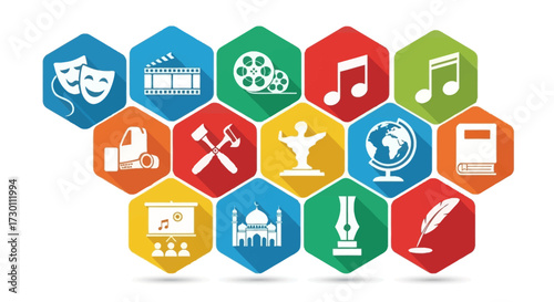 A Vibrant Collage of Diverse Cultural and Artistic Icons Representing the Rich Spectrum of Human Expression and Knowledge Across Various Disciplines