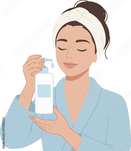 Woman in robe applying lotion from a pump bottle, eyes closed, wearing a headband.