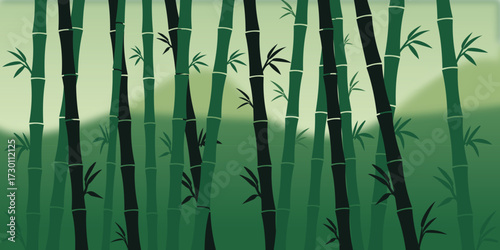 A serene and lush bamboo forest with tall green stalks and delicate leaves, creating a tranquil natural backdrop with a soft, misty atmosphere