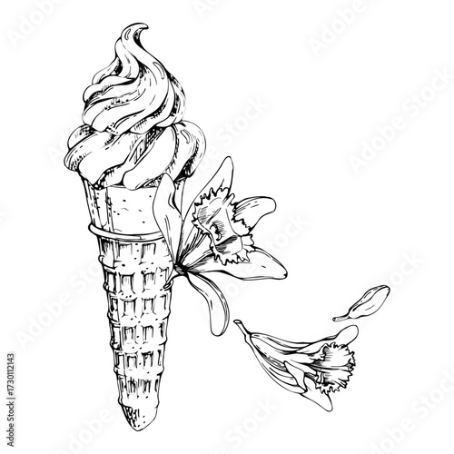 Soft ice cream serve in wafer cone with vanilla orchid flowers, frozen yoghurt swirl. graphic illustration hand drawn in vector ink. Botanical dessert theme, gourmet branding, pastry art, packaging