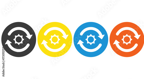 Four Circular Icons Representing Recycling Processes With Internal Gears And Arrows Showing Continuous Motion And Repetitive Cycles Of Operation