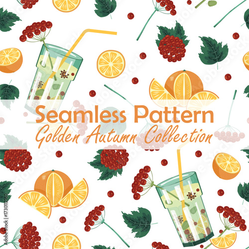 Fall-Inspired Seamless Pattern with Viburnum Berries, Orange Slices, and Hot Tea with Rosehip, Anise, and Mint