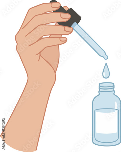A hand holding a dropper, dispensing liquid into a glass bottle.