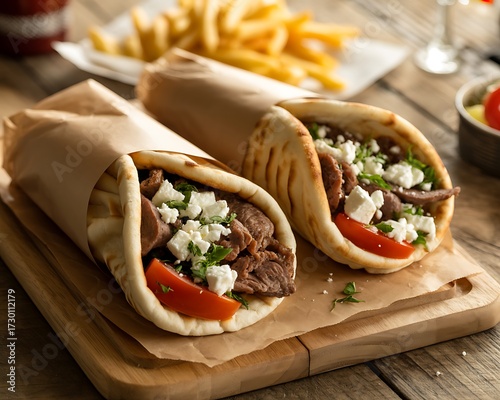 Delicious gyros wraps with beef, feta, tomato, and fries on a wooden board