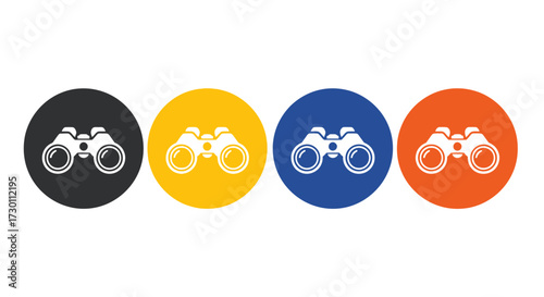 Optical Binoculars Collection Featuring Four Distinct Color Variations Presented in Circular Frames Demonstrating a Variety of Visual Enhancement Tools