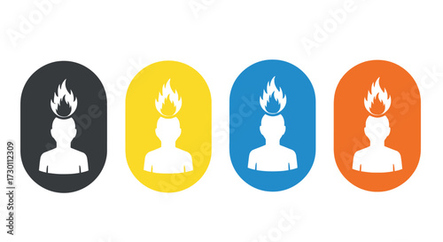 Illustration of a silhouette of a person with a flame erupting from their head representing creativity or burnout in different colored circles